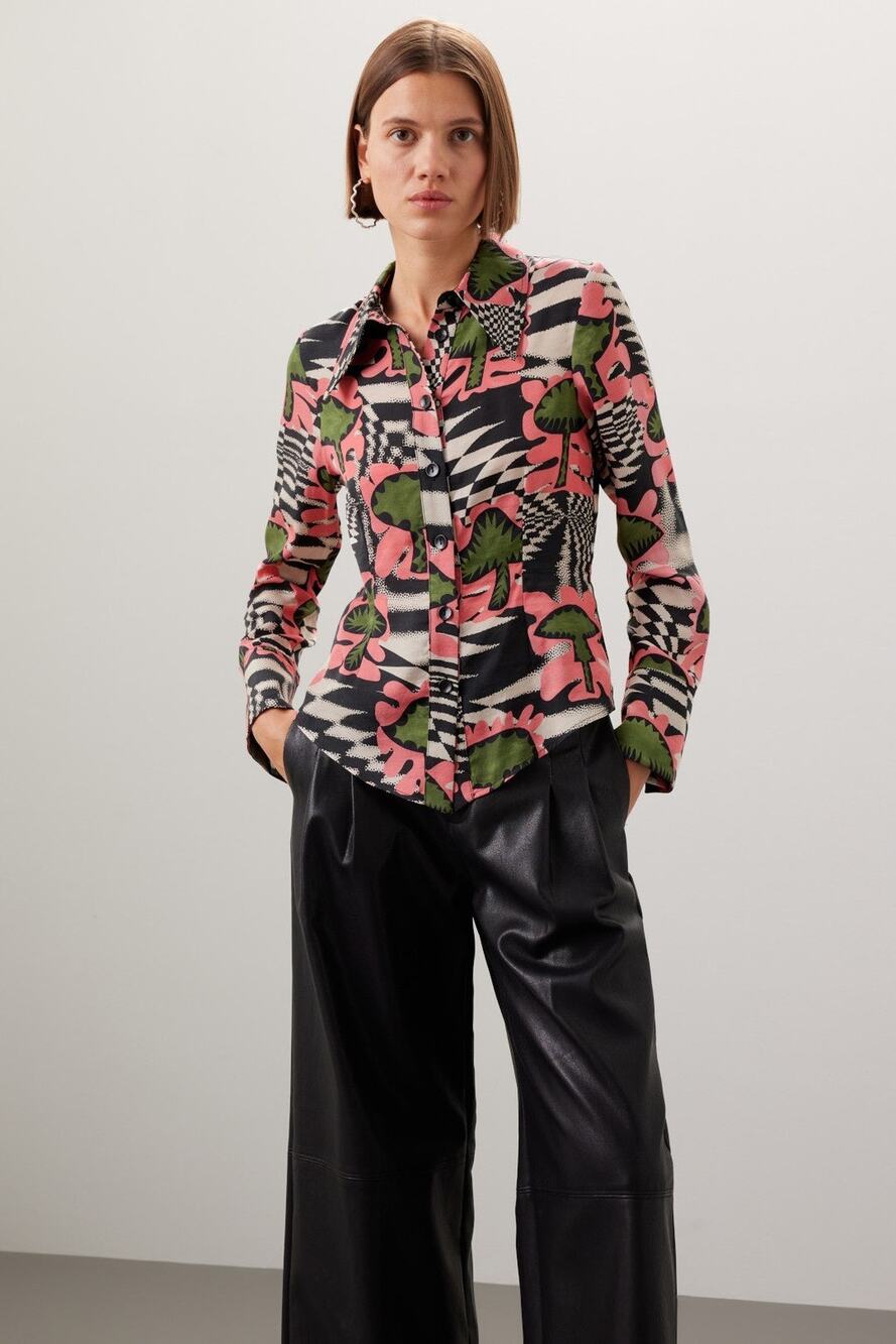 UNTITLED IN MOTION Pink Black Abstract Design Button Front Glidas Shirt Size XL